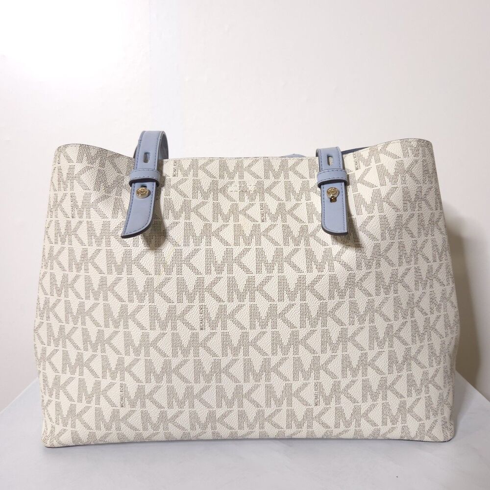 Michael Kors Signature MK Logo Tote Cream/Light Blue Leather Shoulder Bag Walsh - Picture 8 of 13